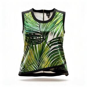 Worthington Green Palm Print Sleeveless Asymmetrical Top